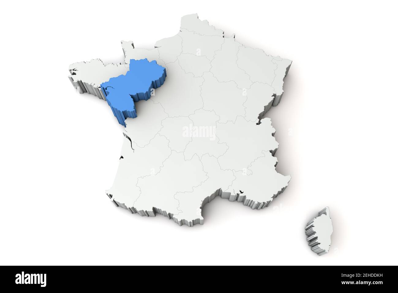 Map of France showing pays de la loire region. 3D Rendering Stock Photo