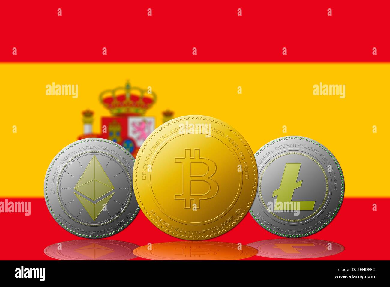 Three cryptocurrencies Bitcoin Ethereum and Litecoin with SPAIN flag on  background Stock Photo - Alamy