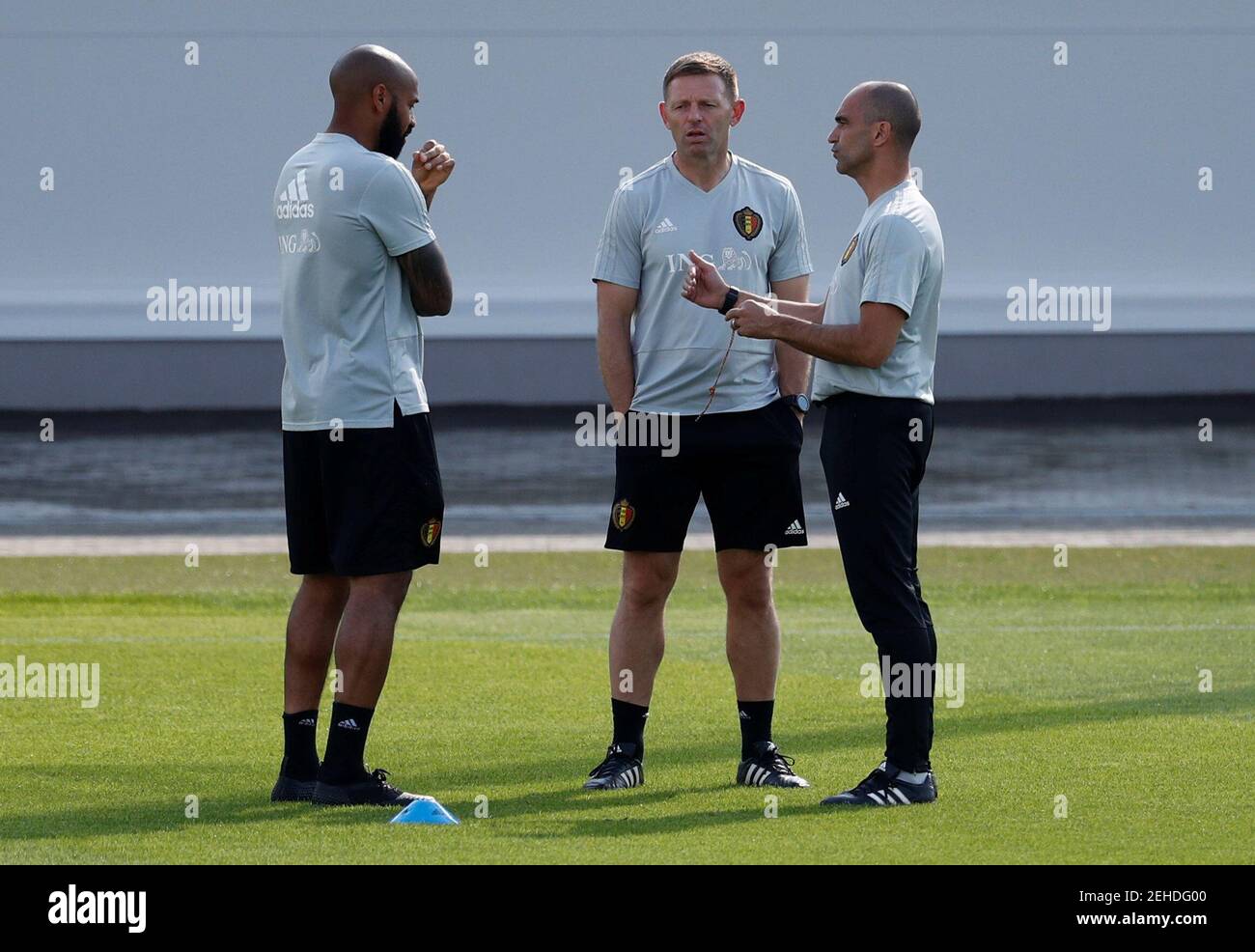 Soccer Football - World Cup - Belgium Training - Belgium Training Site, Moscow, Russia - July 12, 2018     Belgium coach Roberto Martinez and assistant coach Thierry Henry during training   REUTERS/Damir Sagolj Stock Photo