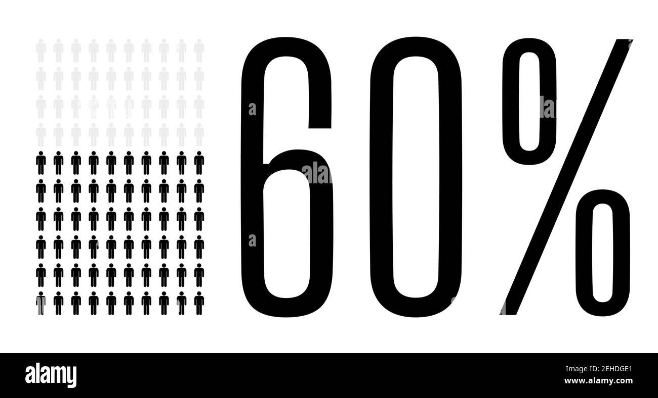 Sixty percent people graphic, 60 percentage diagram. Vector people icon chart design for web ui design. Flat vector illustration black and grey on whi Stock Vector