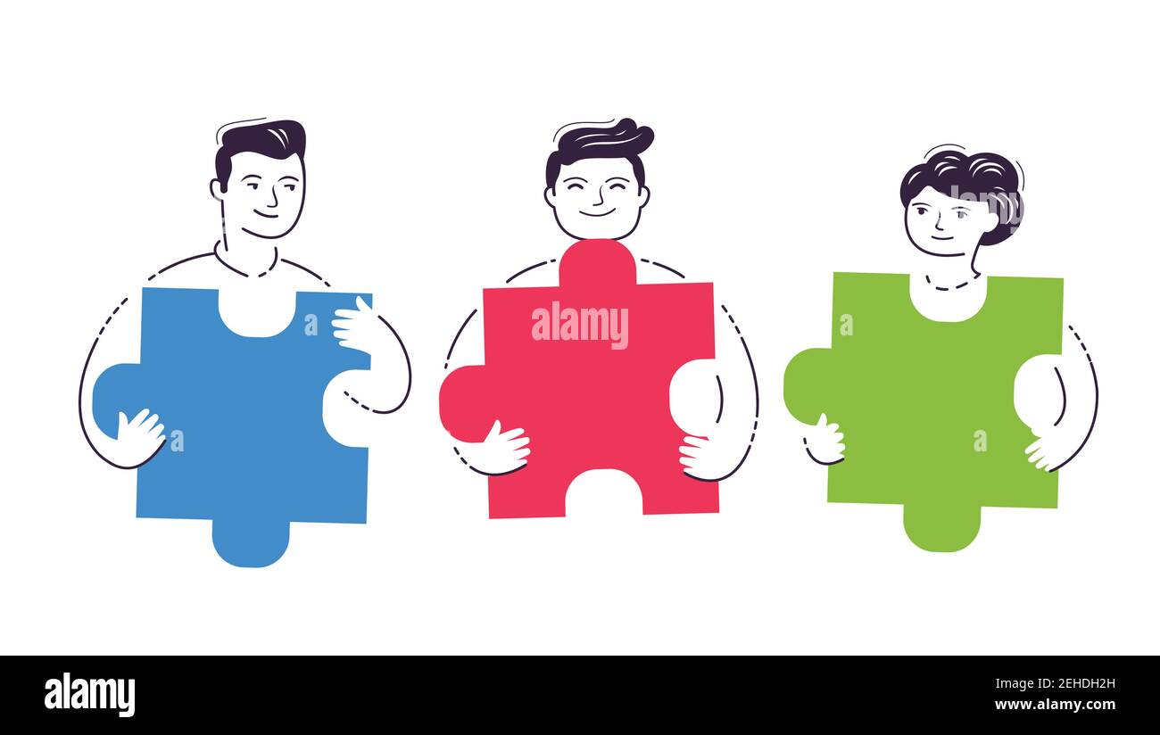 People assembling jigsaw puzzle. Teamwork, brainstorming concept vector Stock Vector