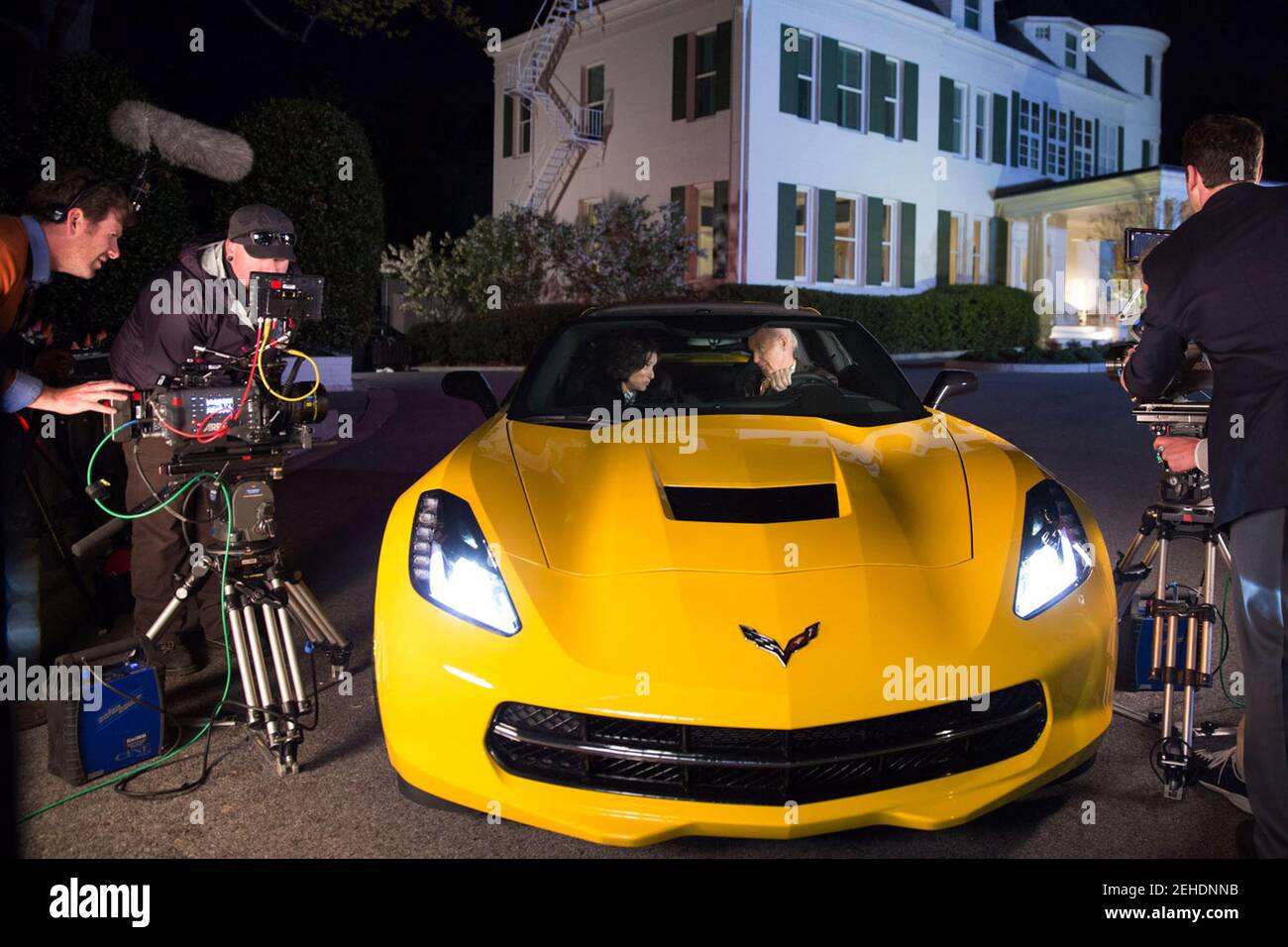 April 23, 2014 'David Lienemann captured the filming of a scene from the HBO show 'Veep' with the real Vice President and the TV Vice President, actress Julia Louis-Dreyfus, near the gate at the Naval Observatory Residence in Washington, D.C.' Stock Photo