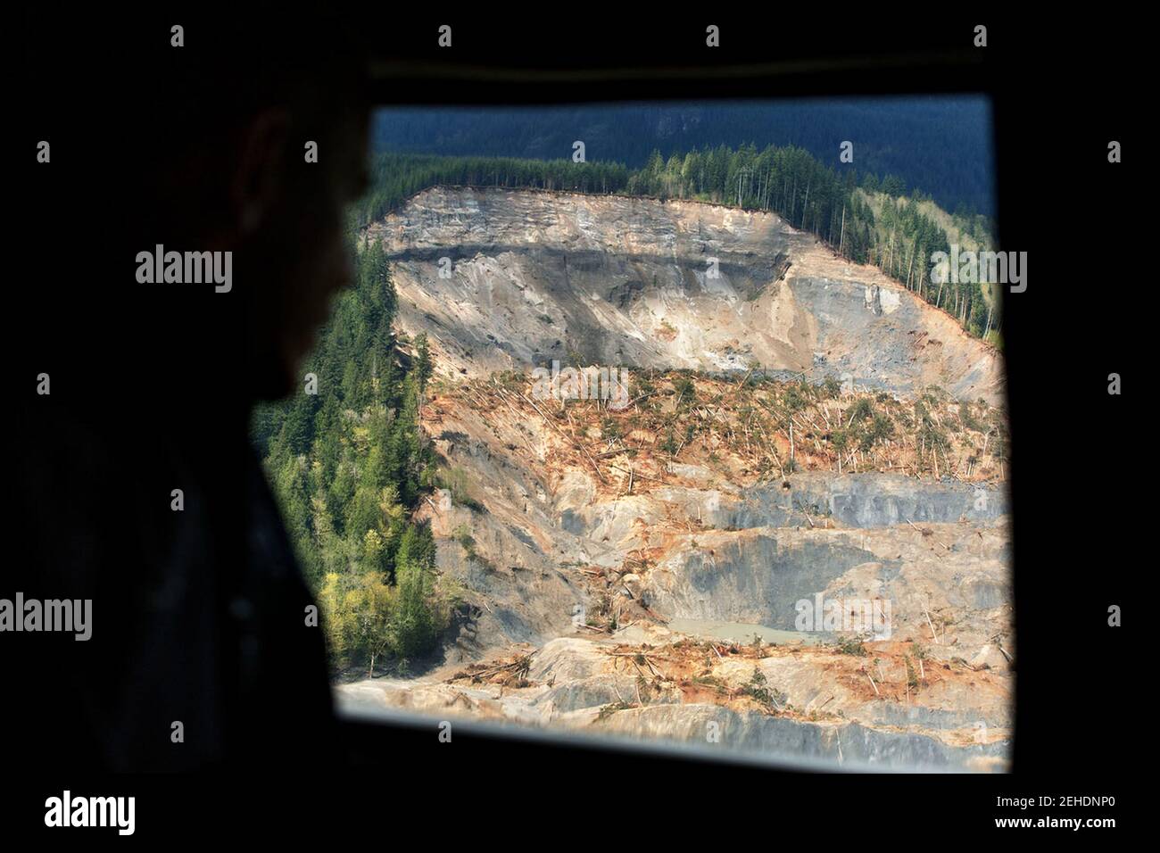President Barack Obama views the scene of the mudslide in Oso, Wash., from Marine One, April 22, 2014. The President later met privately with families who lost loved ones and first responders. Stock Photo