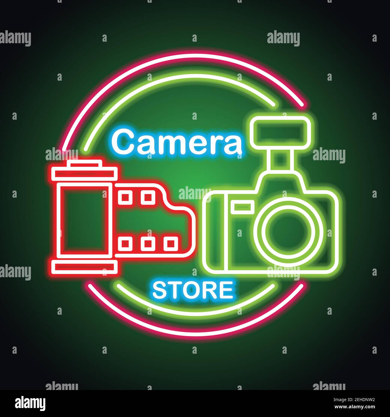 camera equipment with neon sign effect for camera store. vector