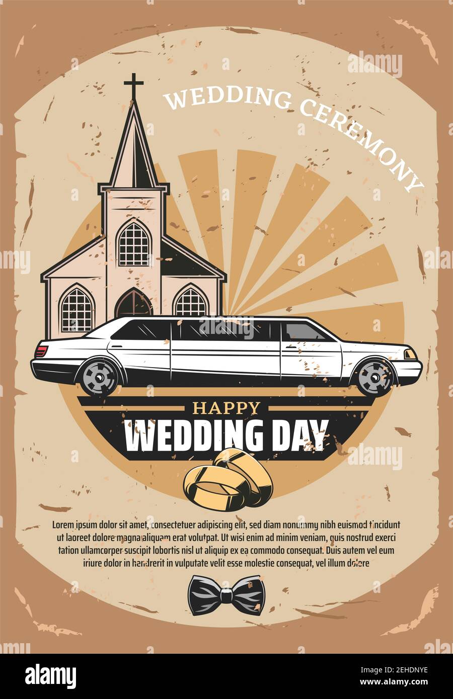 Happy Wedding Day retro greeting card template. Wedding car, gold rings and  groom bow tie vintage poster with church on background for invitation desi  Stock Vector Image & Art - Alamy