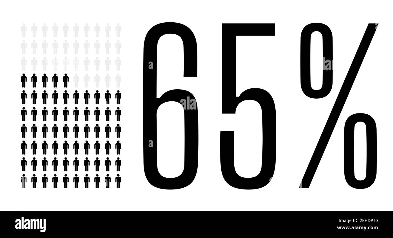 Sixty five percent people graphic, 65 percentage diagram. Vector people icon chart design for web ui design. Flat vector illustration black and grey o Stock Vector