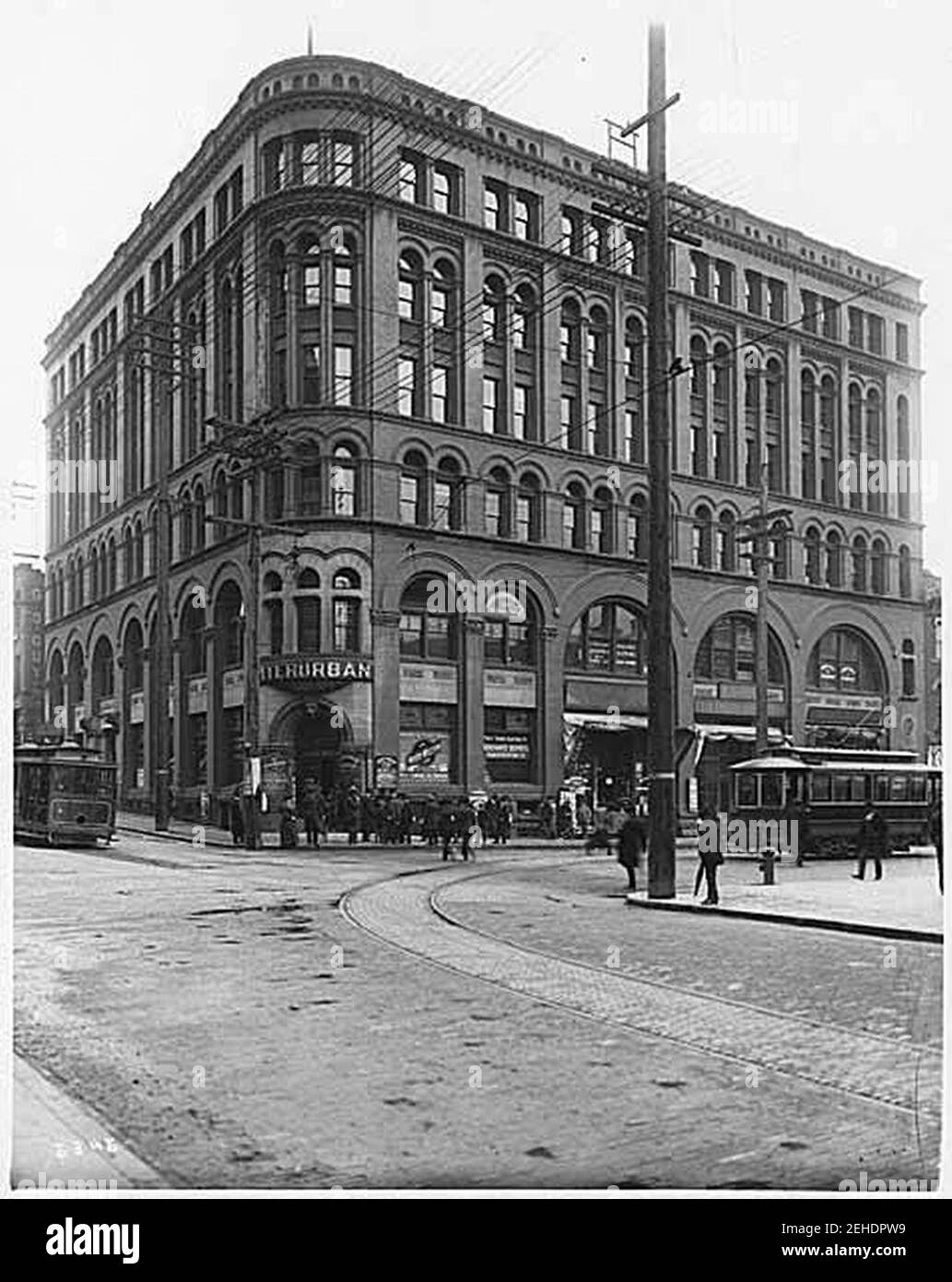 Black-and-white stock photo of the Pacific block/Interurban building, Seattle, ca. 1900 — Alamy