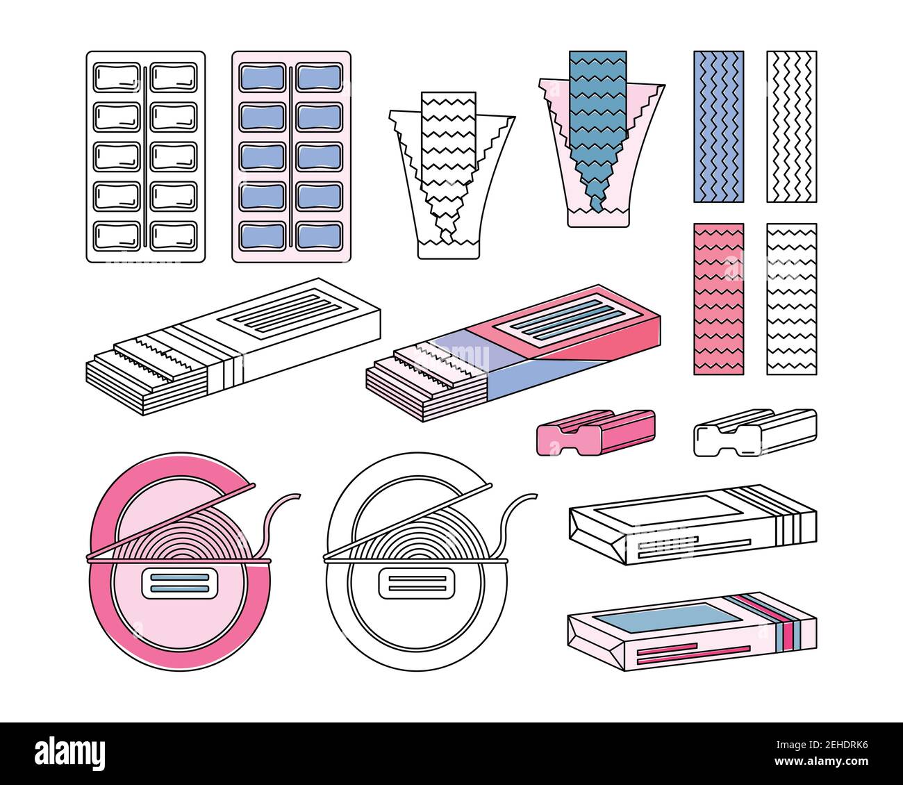Set of color and monochrome bubble gum. Line art Stock Vector Image