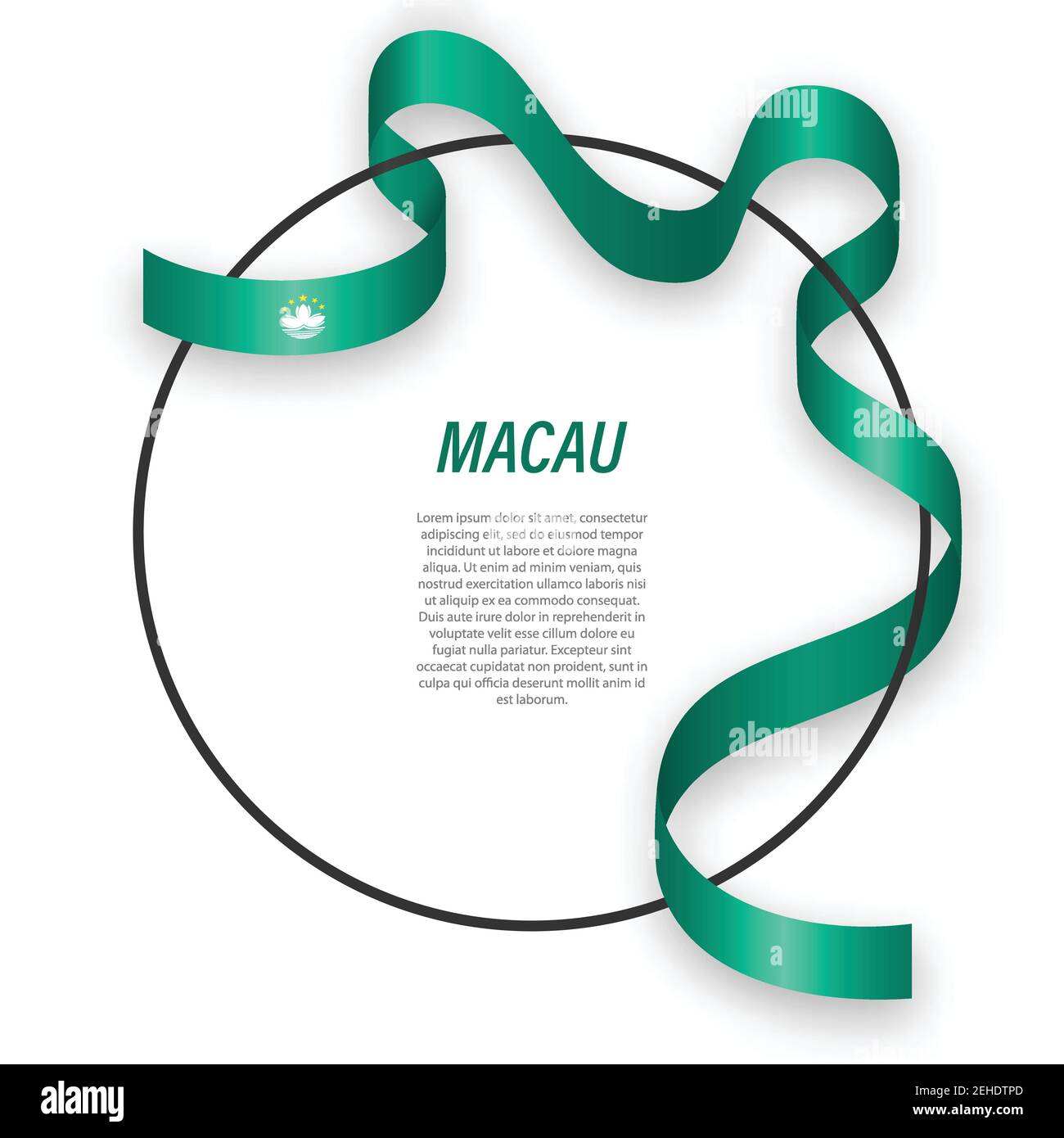 Waving ribbon flag of Macau on circle frame. Template for independence day poster design Stock Vector
