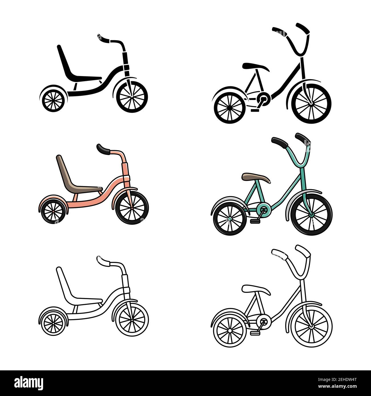 Vector set of tricycles. Cycling. Active lifestyle. Line art Stock