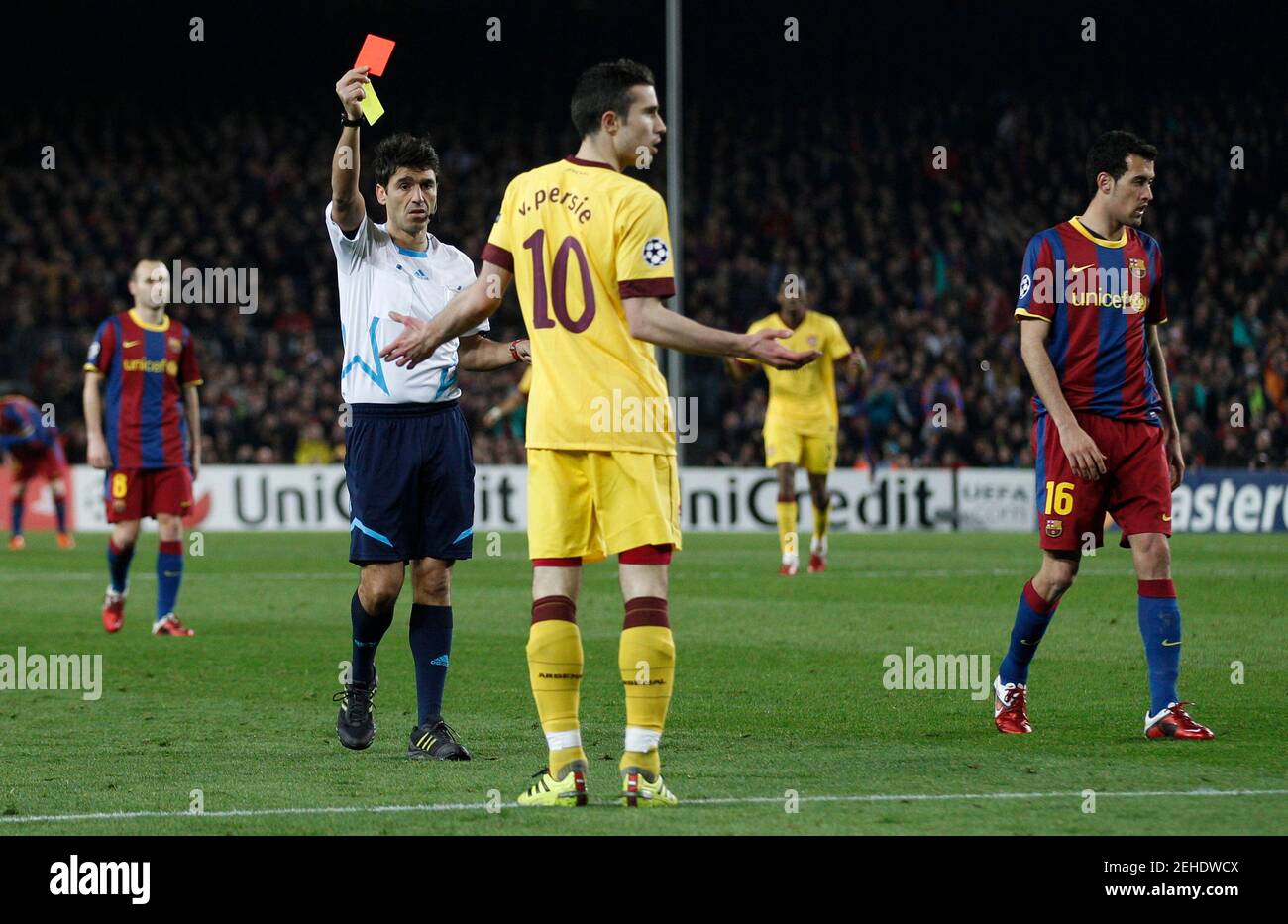 Football - FC Barcelona v Arsenal UEFA Champions League Second Round Leg - The Nou Camp, Barcelona, Spain - 10/11 - 8/3/11 Arsenal's Robin van Persie is shown a red card