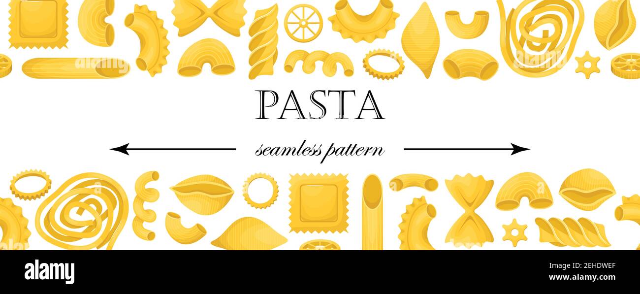 The vector seamless pattern with different types of italian pasta. Stock Vector