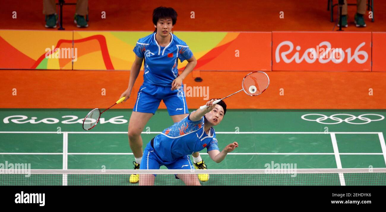 2016 Rio Olympics - Badminton - Women's Doubles Bronze Medal Match -  Riocentro - Pavilion 4 - Rio de Janeiro, Brazil - 18/08/2016. Tang Yuanting  (CHN) of China and Yu Yang (CHN)
