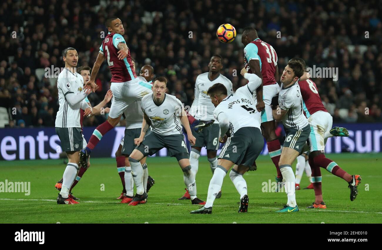 Britain Football Soccer - West Ham United v Manchester United - Premier League - London Stadium - 2/1/17 West Ham United's Michail Antonio shoots at goal Reuters / Eddie Keogh Livepic EDITORIAL USE ONLY. No use with unauthorized audio, video, data, fixture lists, club/league logos or 'live' services. Online in-match use limited to 45 images, no video emulation. No use in betting, games or single club/league/player publications. Please contact your account representative for further details. Stock Photo