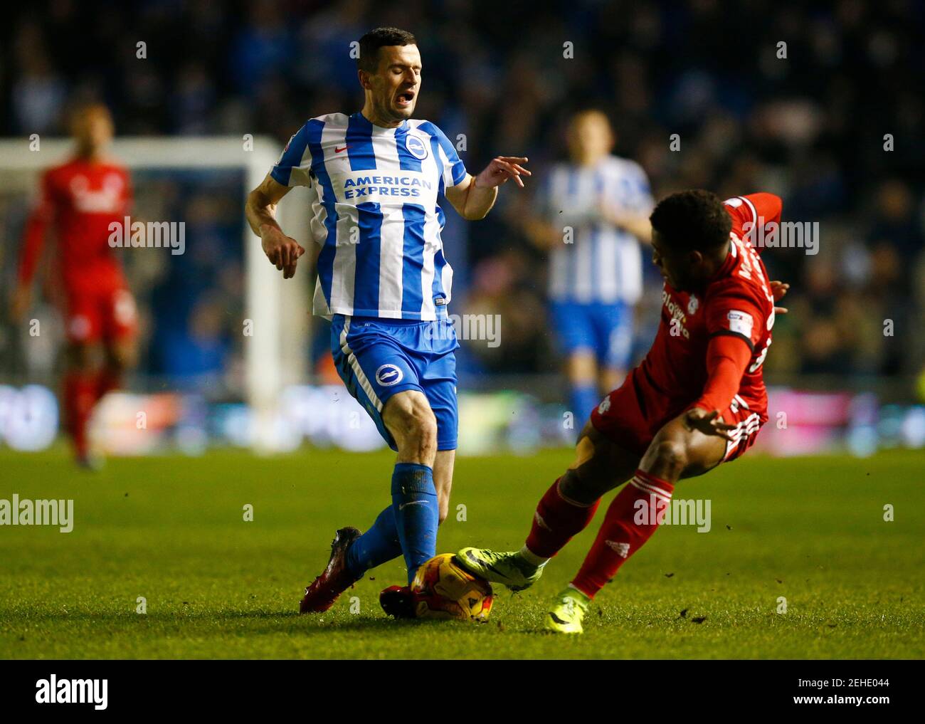 Britain Football Soccer - Brighton & Hove Albion v Cardiff City - Sky Bet Championship - The American Express Community Stadium - 24/1/17 Cardiff City's Kadeem Harris in action with Brighton's Jamie Murphy  Mandatory Credit: Action Images / Peter Cziborra Livepic EDITORIAL USE ONLY. No use with unauthorized audio, video, data, fixture lists, club/league logos or 'live' services. Online in-match use limited to 45 images, no video emulation. No use in betting, games or single club/league/player publications.  Please contact your account representative for further details. Stock Photo