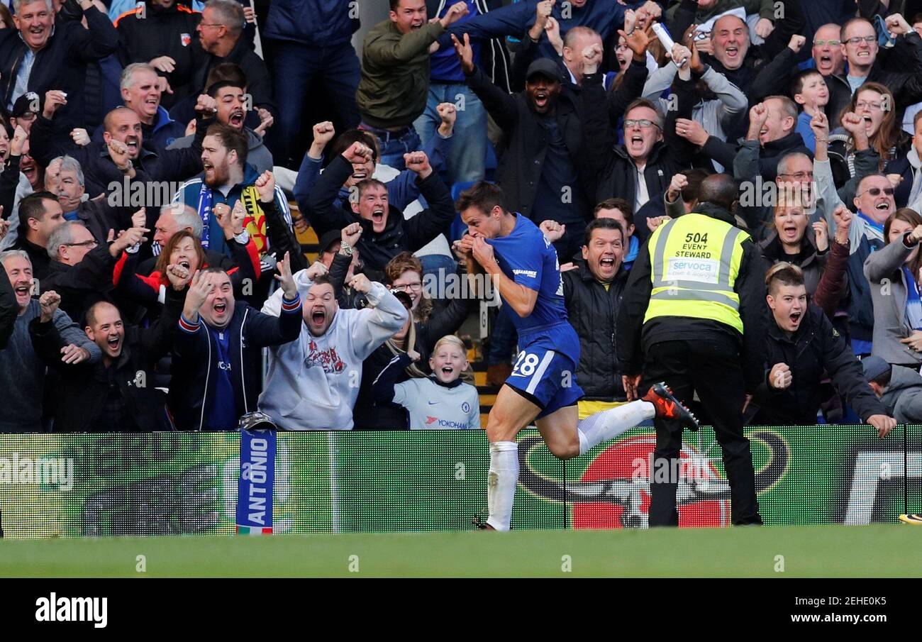 Soccer Football - Premier League - Chelsea vs Watford - Stamford Bridge, London, Britain - October 21, 2017 Chelsea's Cesar Azpilicueta celebrates scoring their third goal REUTERS/Eddie Keogh EDITORIAL USE ONLY. No use with unauthorized audio, video, data, fixture lists, club/league logos or "live" services. Online in-match use limited to 75 images, no video emulation. No use in betting, games or single club/league/player publications. Please contact your account representative for further details. Stock Photo