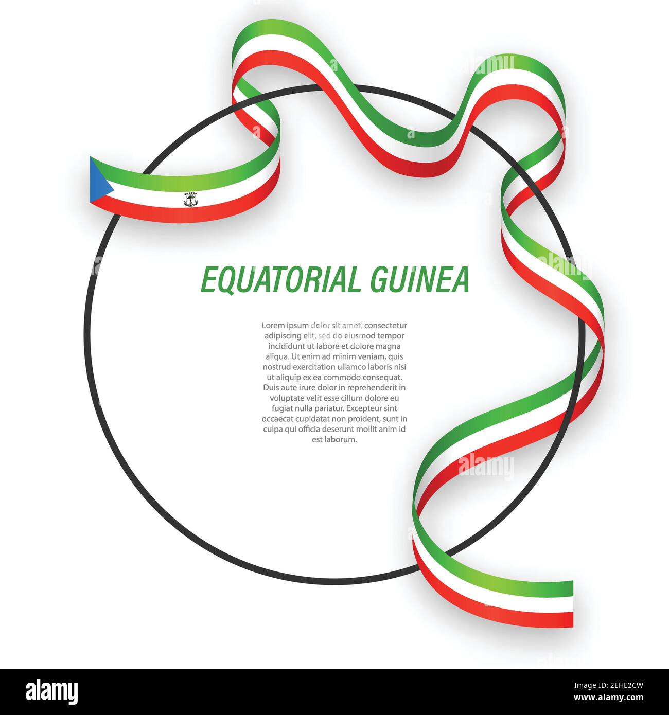Waving ribbon flag of Equatorial Guinea on circle frame. Template for independence day poster design Stock Vector