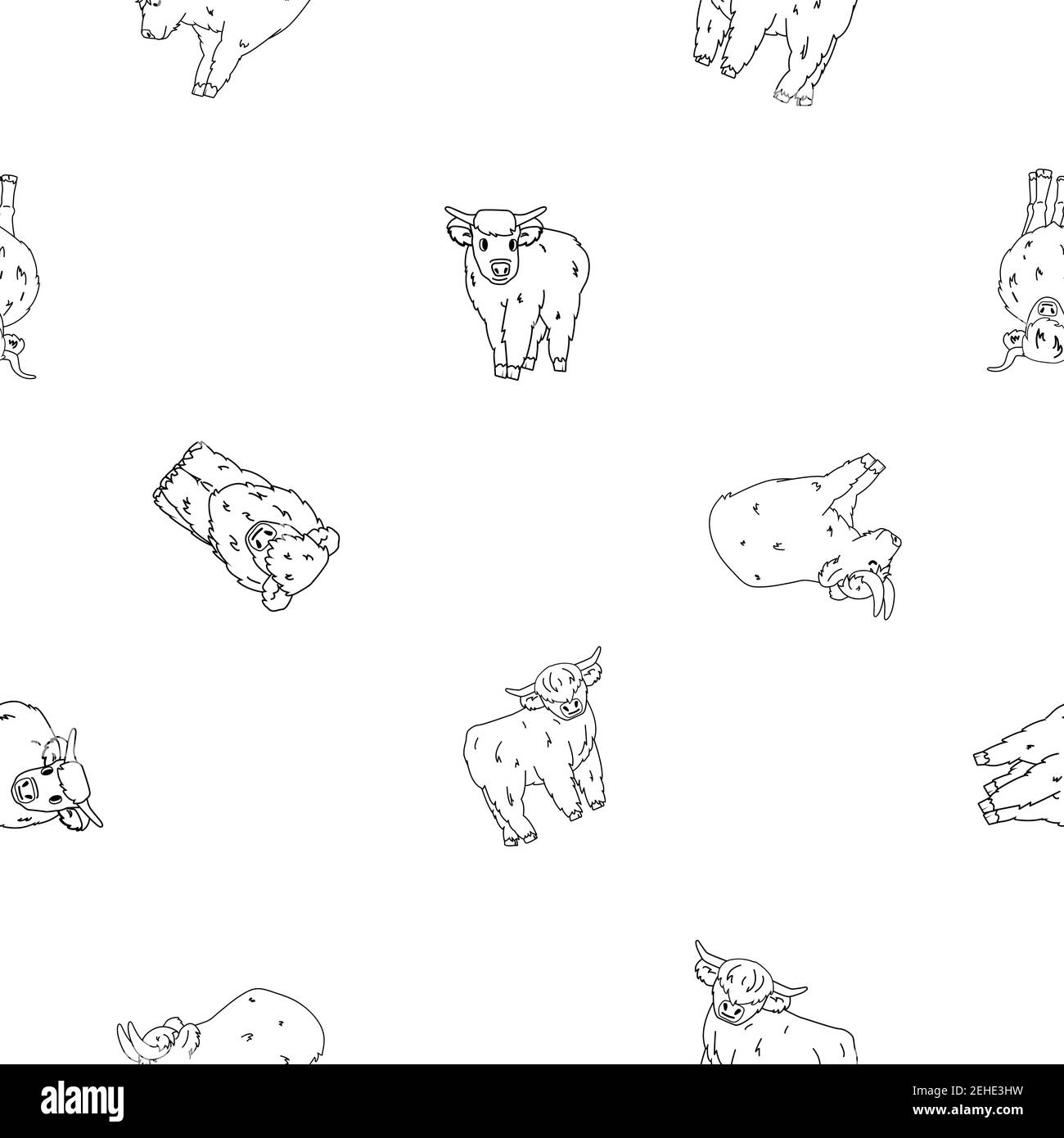 Vector black white outline seamless pattern of highland Scottish cows or bulls, which sit, stand, lie on ground. Animals are isolated. Illustration ca Stock Vector
