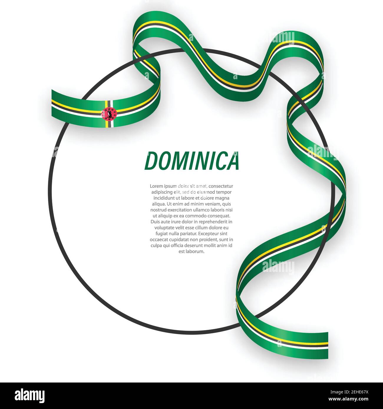 Waving ribbon flag of Dominica on circle frame. Template for ...