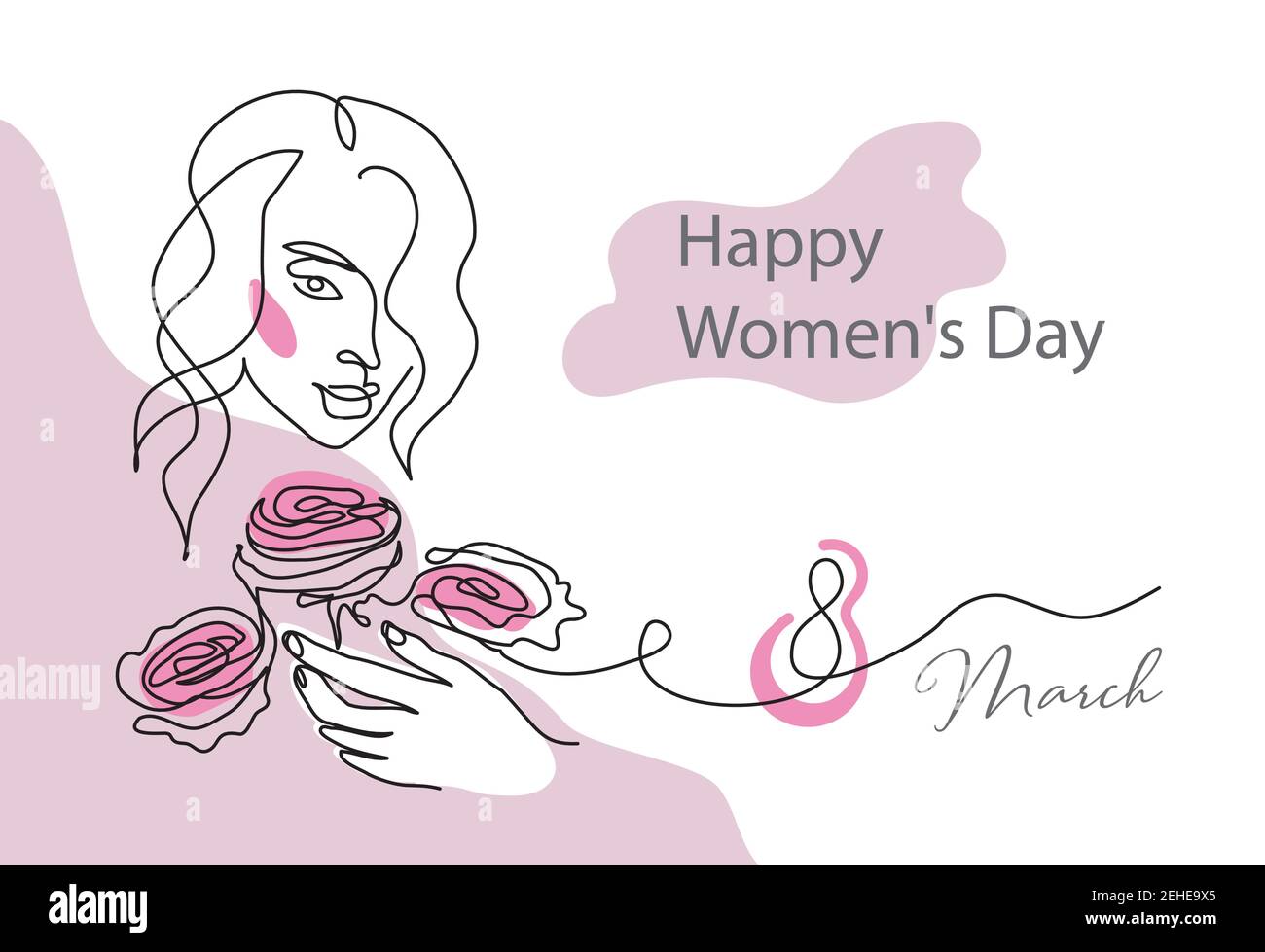 Womens Day card with face line art and roses. March 8 holiday invitation banner, one continuous line drawing portrait. Surreal face, vector Stock Vector