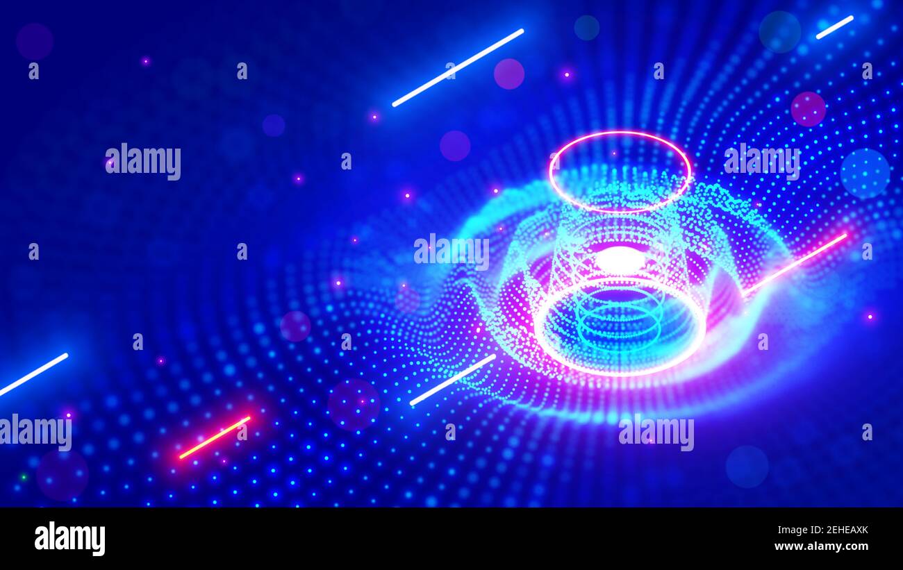 Abstract sound wave. Neon music tech background in nightclub. Equalizer visualizes music waves in technological cyber style. Light dots form of 3d Stock Vector