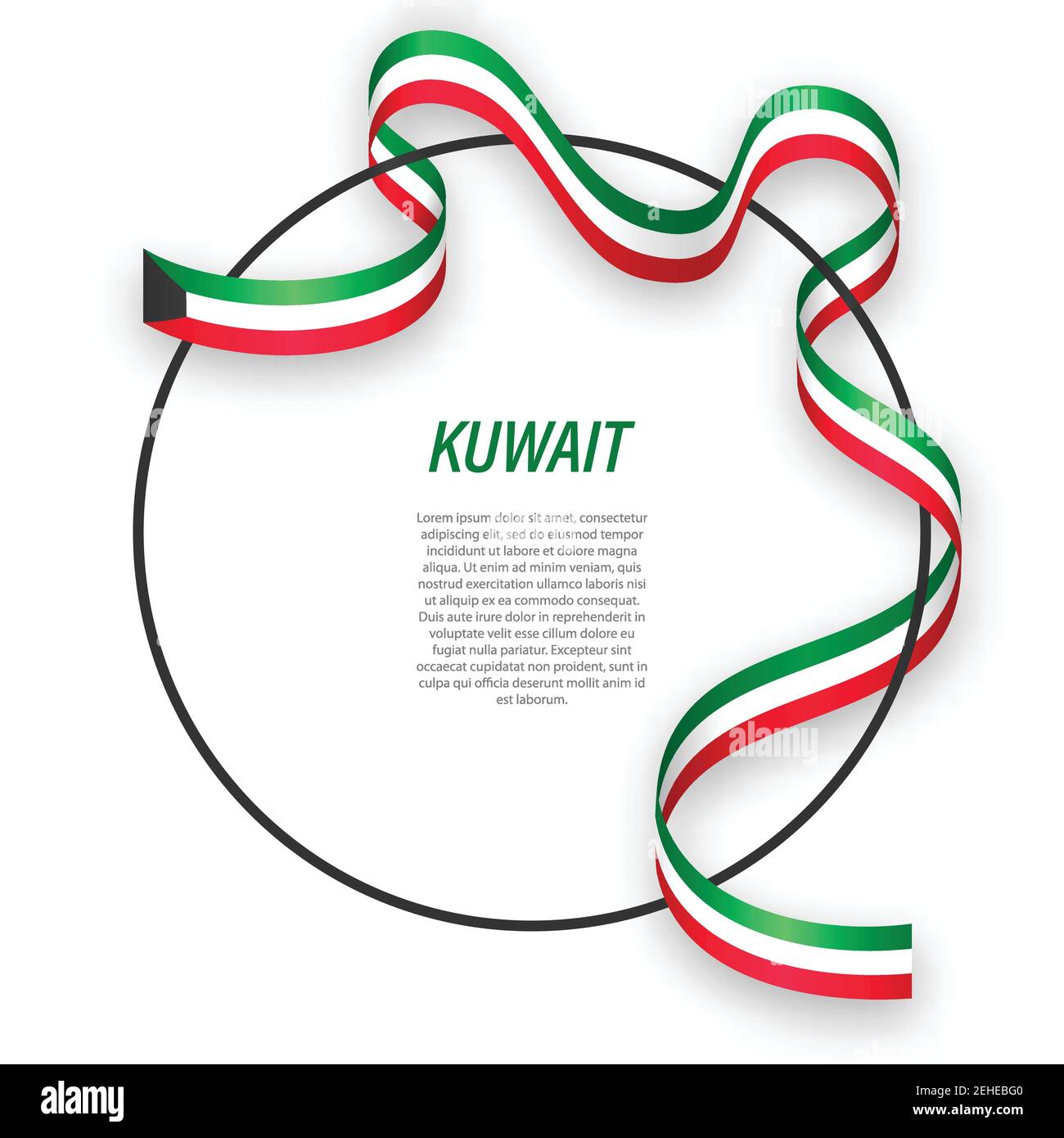 Waving ribbon flag of Kuwait on circle frame. Template for independence