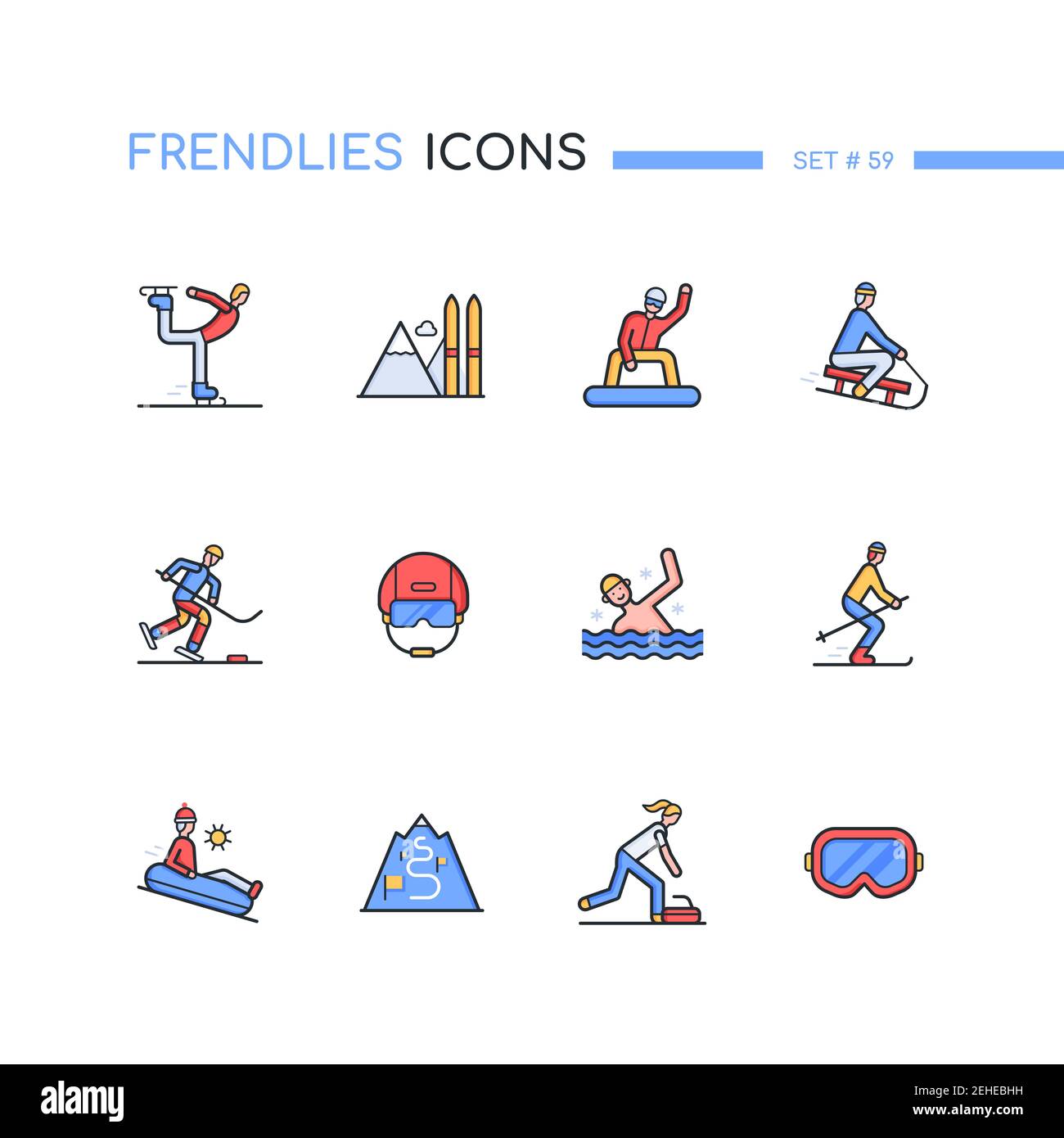 Winter sports - modern line design style icons set. Seasonal activities idea. Figure and mountain skating, skiing, snowboarding, sledding, ice hockey, Stock Vector