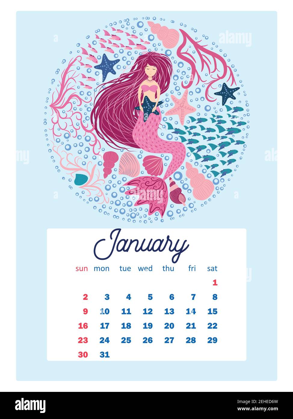 marine life calendar design template for 2022 a4 format week starts on sunday whale mermaid snail shark crab stingray seahorse dolphin oct stock vector image art alamy
