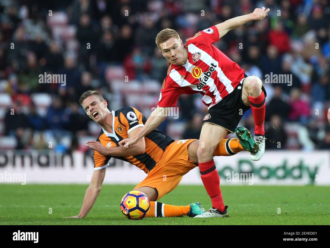 Britain Football Soccer - Sunderland v Hull City - Premier League - The Stadium of Light - 19/11/16 Sunderland's Duncan Watmore in action Hull City's Markus Henriksen  Reuters / Scott Heppell Livepic EDITORIAL USE ONLY. No use with unauthorized audio, video, data, fixture lists, club/league logos or 'live' services. Online in-match use limited to 45 images, no video emulation. No use in betting, games or single club/league/player publications.  Please contact your account representative for further details. Stock Photo