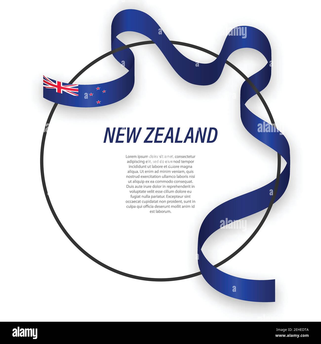 Waving ribbon flag of New Zealand on circle frame. Template for