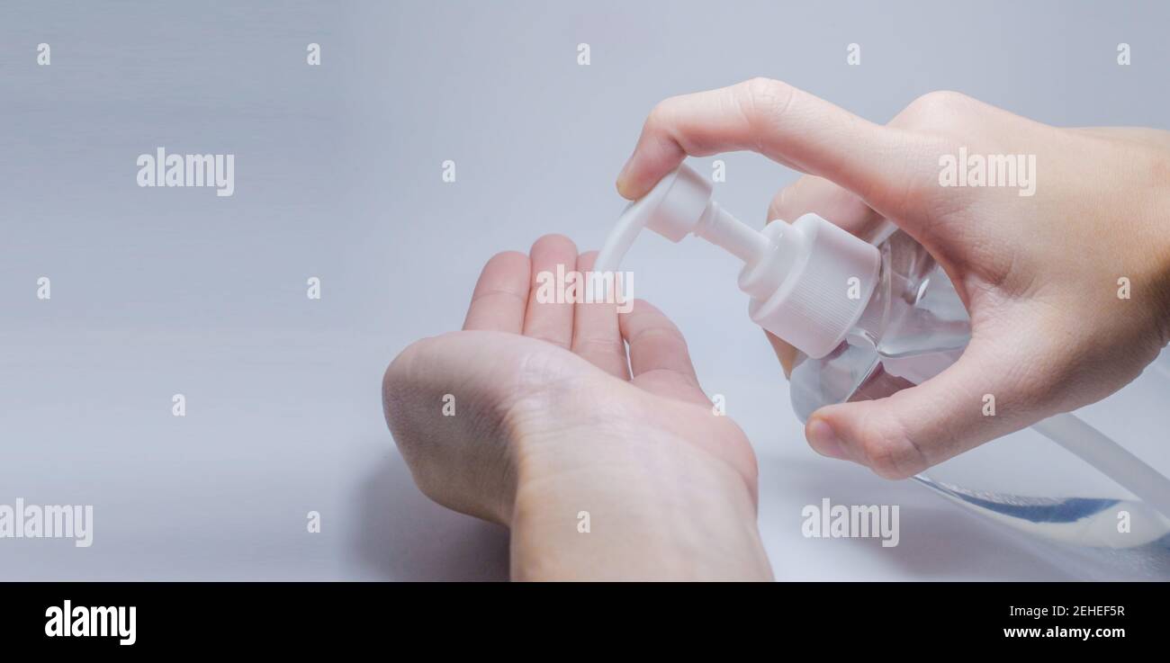 People use alcohol gel clean hand protect coronavirus covid19 white ...