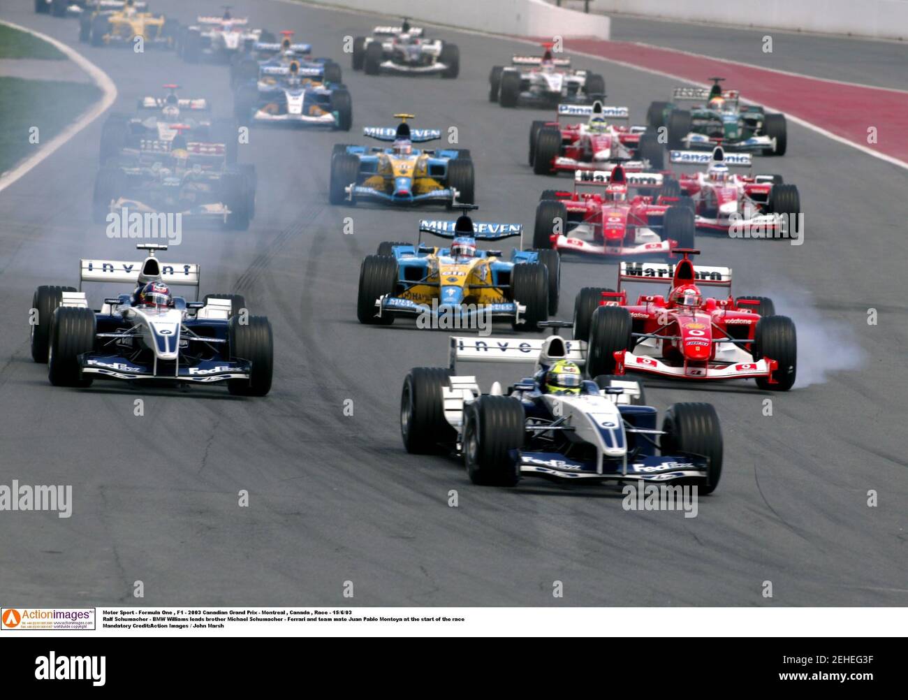 Motor Sport Formula One F1 03 Canadian Grand Prix Montreal Canada Race 15 6 03 Ralf Schumacher Bmw Williams Leads Brother Michael Schumacher Ferrari And Motor Sport Formula One F1 03 Canadian Grand Prix Montreal Canada Race 15 6 03 Ralf Schumacher Bmw Williams Leads Brother Michael Schumacher Ferrari And
