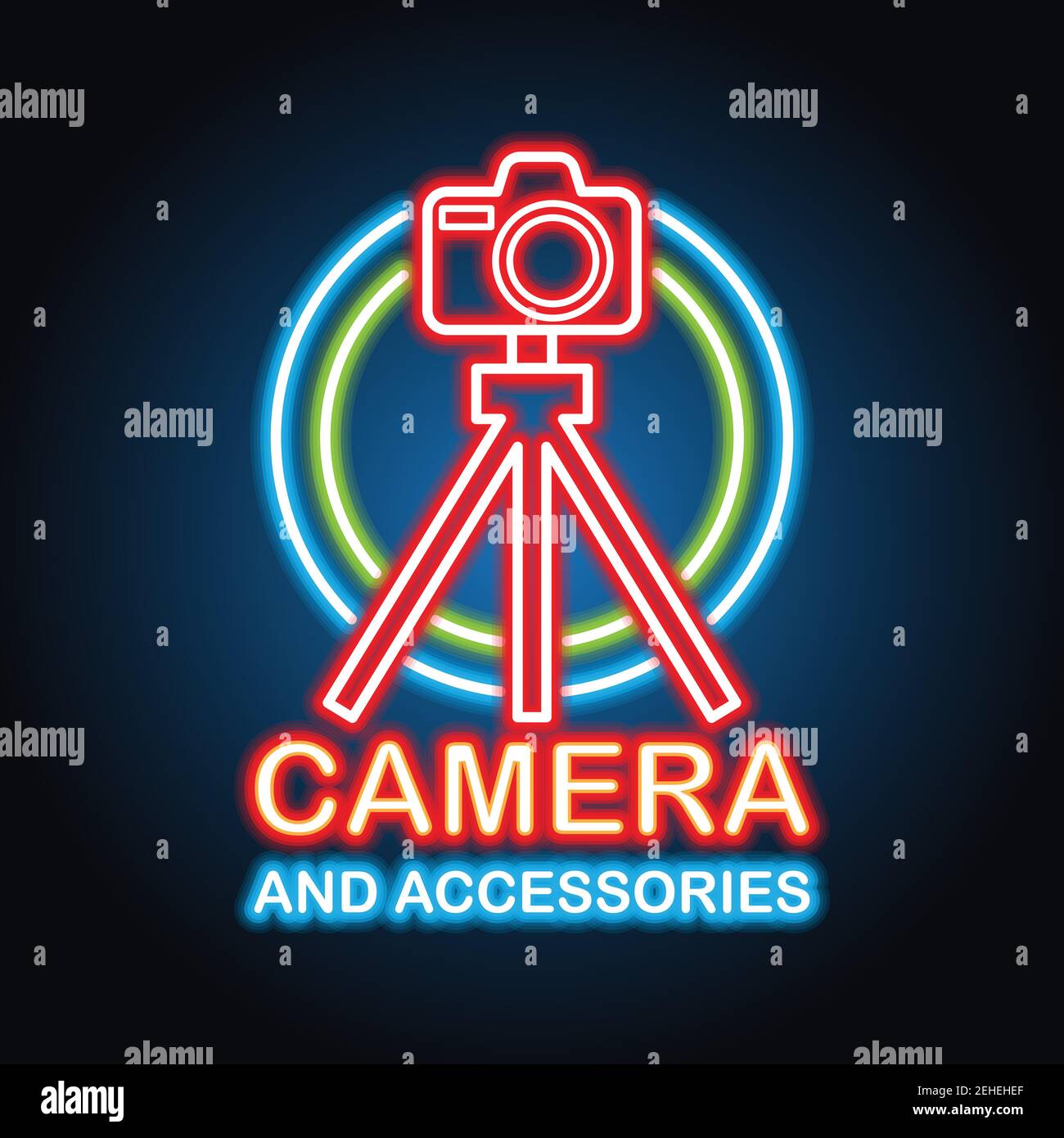 camera equipment with neon sign effect for camera store. vector