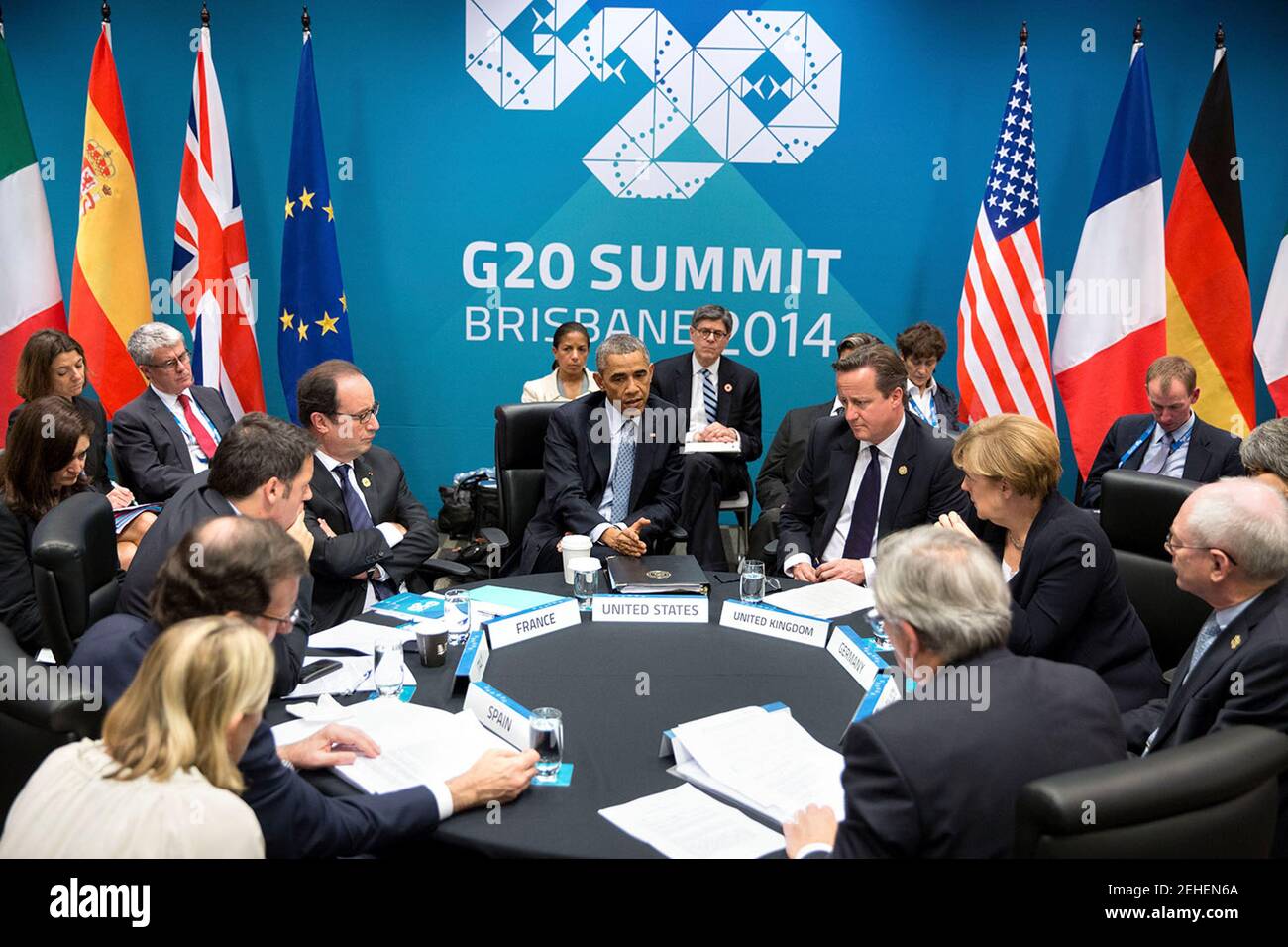 President Barack Obama attends the G20 European Leaders Meeting on the Transatlantic Trade and Investment Partnership and Ukraine at the Brisbane Convention and Exhibition Center, Brisbane, Queensland, Australia, Nov. 16, 2014. Seated clockwise from the President are: Prime Minister David Cameron of the United Kingdom; Chancellor Angela Merkel of Germany; Herman Van Rompuy, President of the European Council;  Jean-Claude Juncker, President of the European Commission; Prime Minister Mariano Rajoy Brey of Spain; Prime Minister Matteo Renzi of Italy and President François Hollande of France. Stock Photo