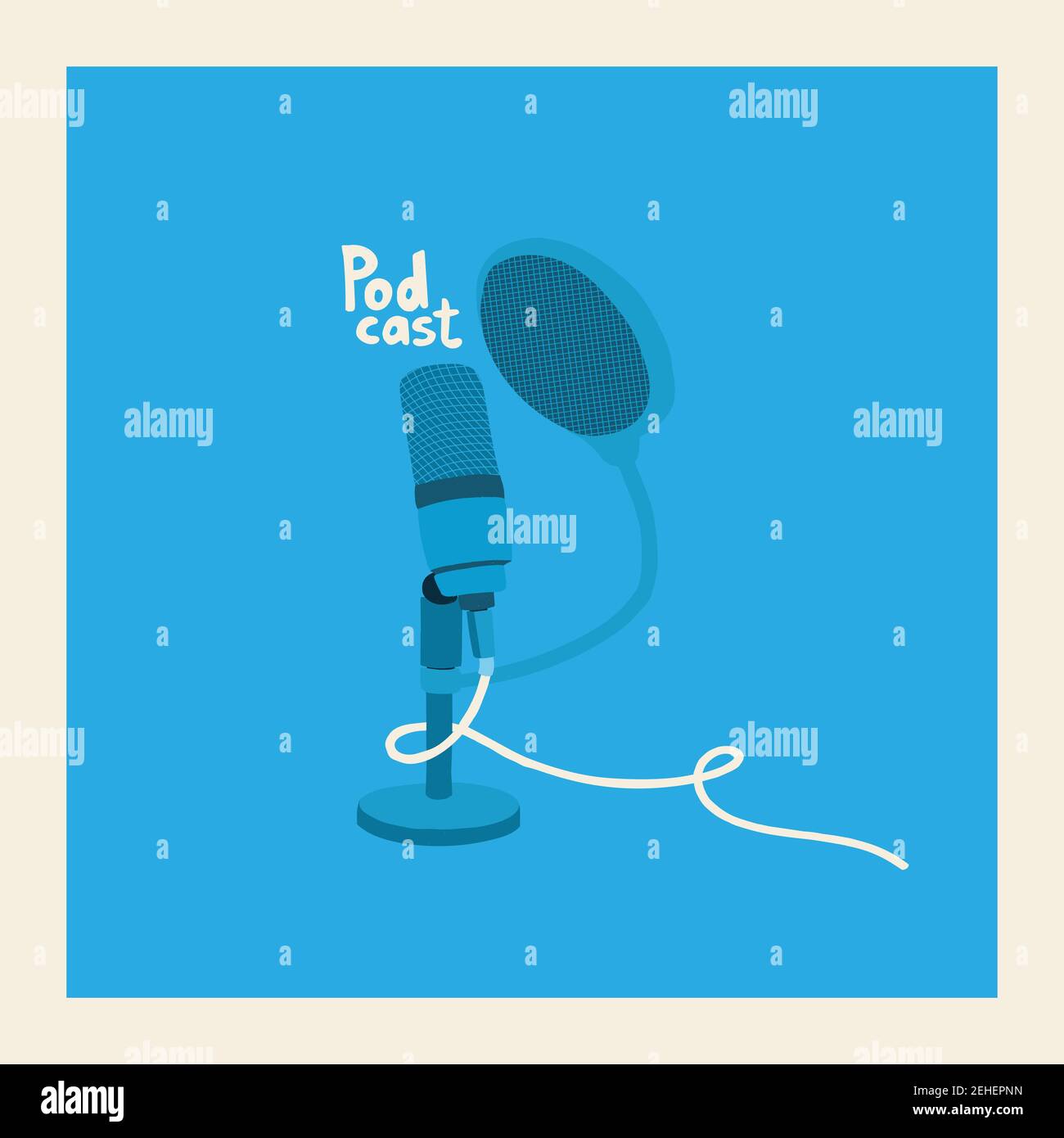 Blue studio microphone on a blue background. Vector cover for podcast show. Illustration and lettering. Stock Vector