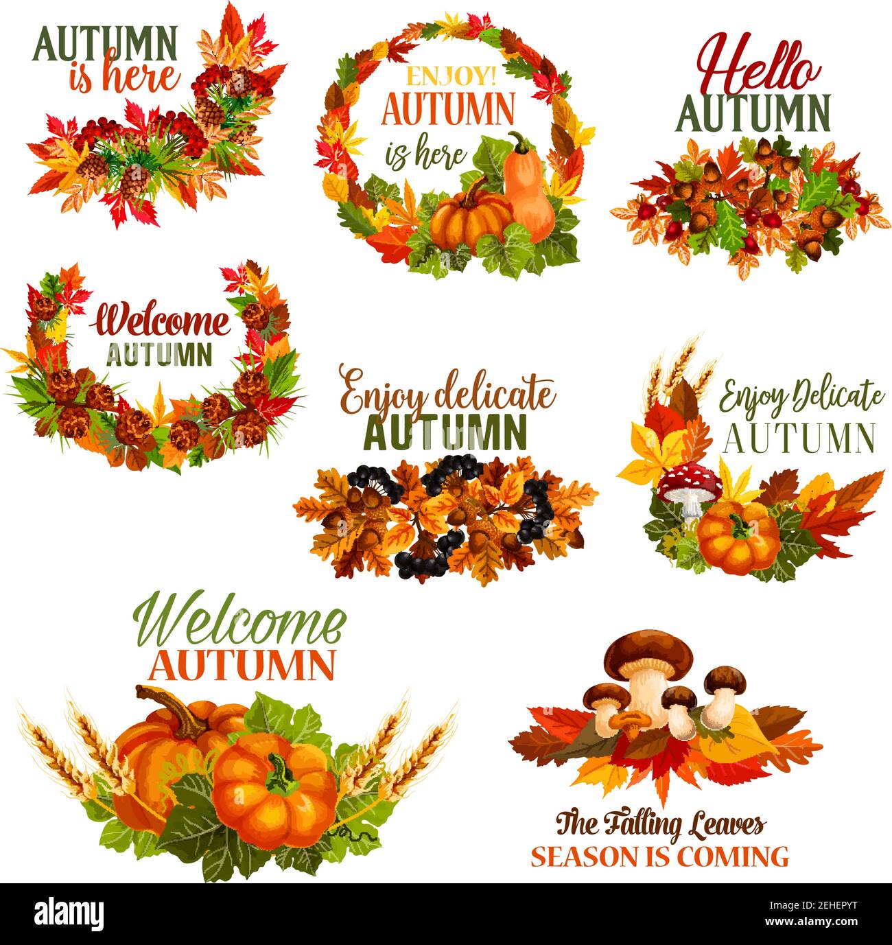 Autumn leaf wreath set and seasonal fall greeting quotes. Vector ...