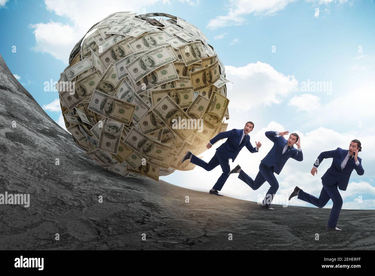 Businessman running away from the dollar ball Stock Photo - Alamy