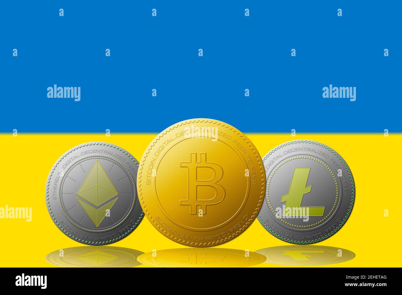 Three cryptocurrencies Bitcoin Ethereum and Litecoin with Ukraine flag on  background Stock Photo - Alamy