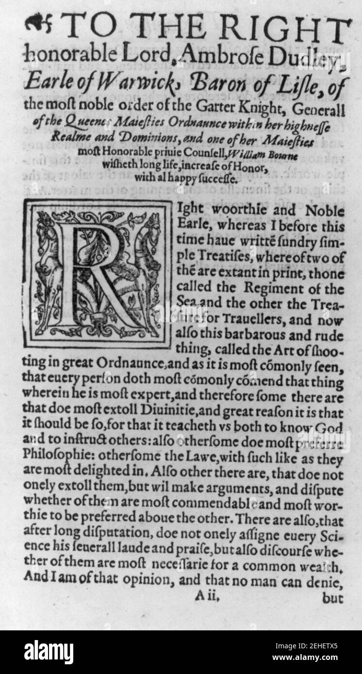 Page from The Art of shooting in great ordnaunce... written by William Bourne. Imprinted at London for Thomas Woodcocke, 1587 Stock Photo