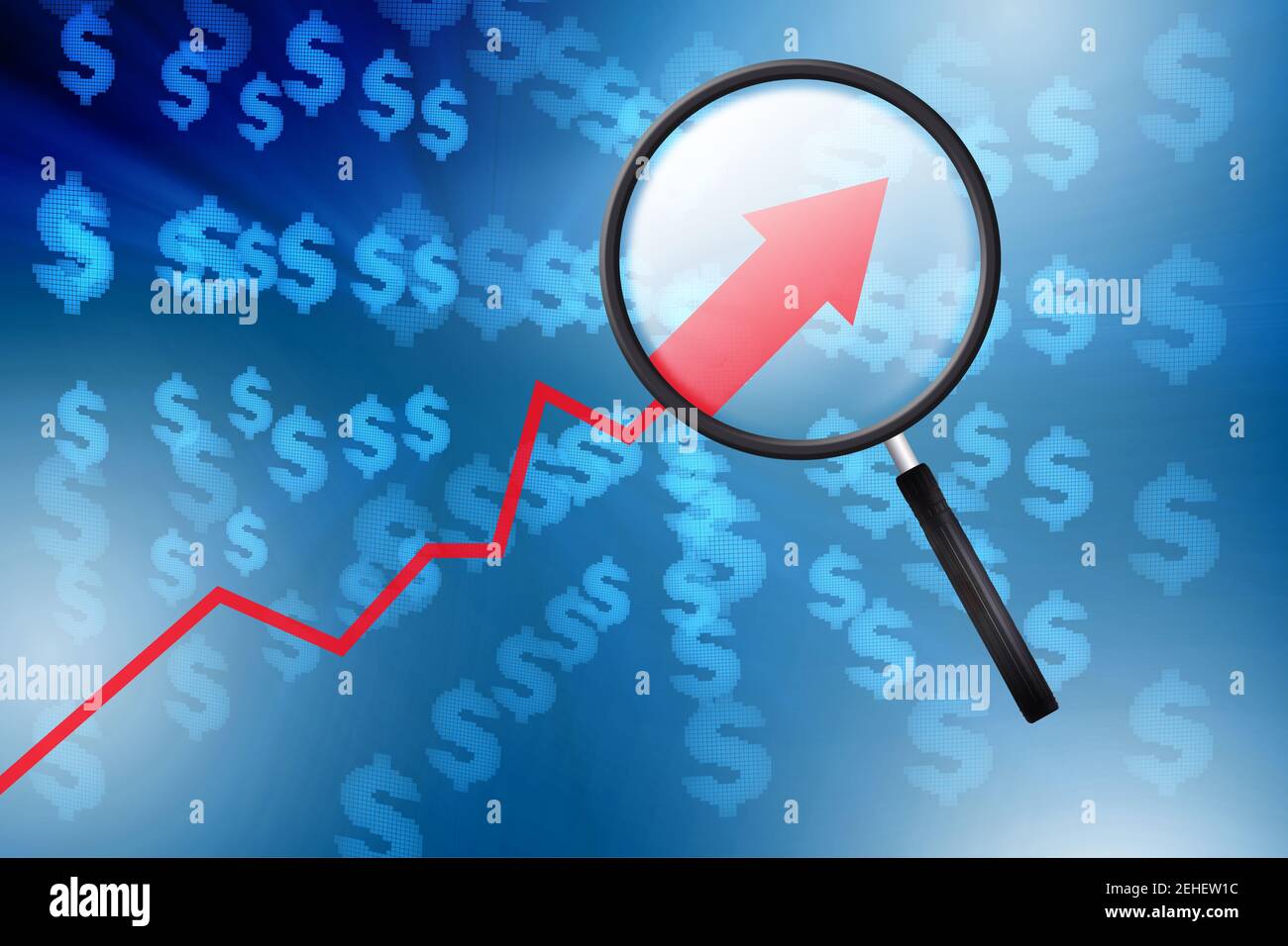 Concept of the economic growth with chart and magnifying glass Stock