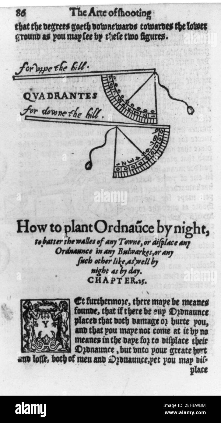 Page showing two numbered diagrams from the Art of shooting in great ordanunce... written by William Bourne. Imprinted at London for Thomas Woodcocke, 1587 Stock Photo