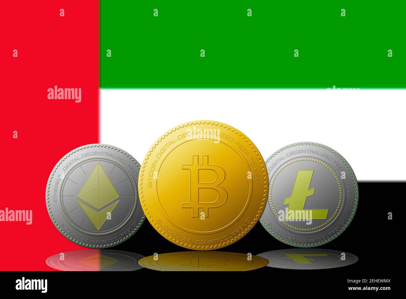 Three cryptocurrencies Bitcoin Ethereum and Litecoin with United Arab  Emirates flag on background Stock Photo - Alamy
