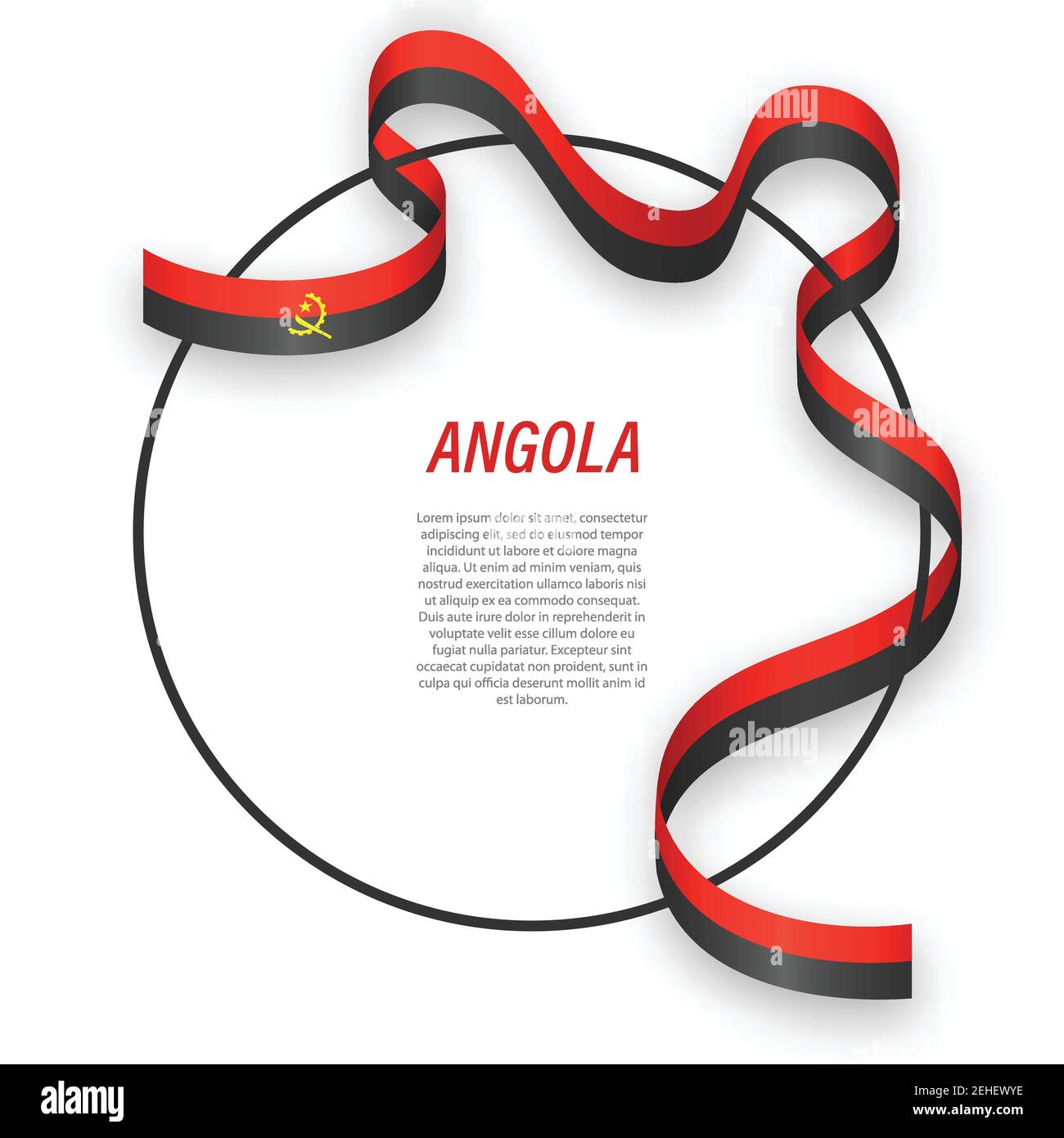 Waving ribbon flag of Angola on circle frame. Template for independence ...
