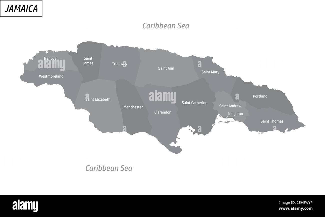 The Jamaica grayscale map divided in administrative areas with labels Stock Vector