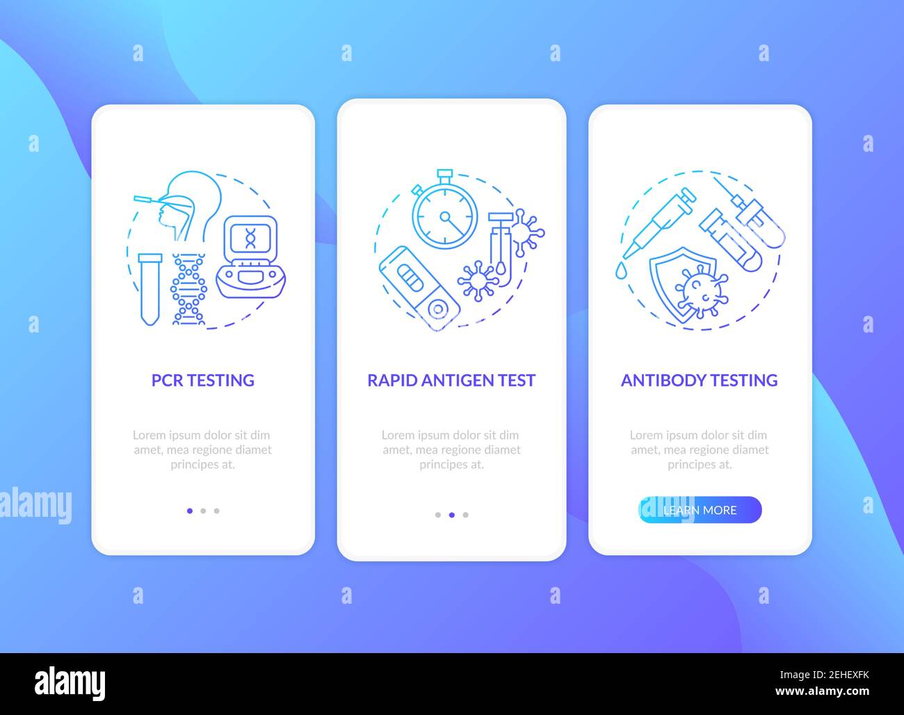 Coronavirus testing types onboarding mobile app page screen with concepts Stock Vector