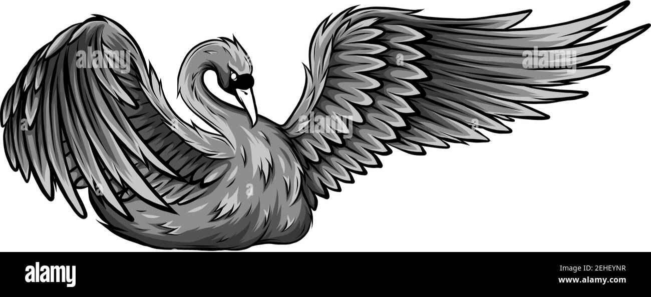 Swan. Hand drawn vector illustration of a mute swan resting on the surface of a rippled water, surrounded by bright morning light. Stock Vector