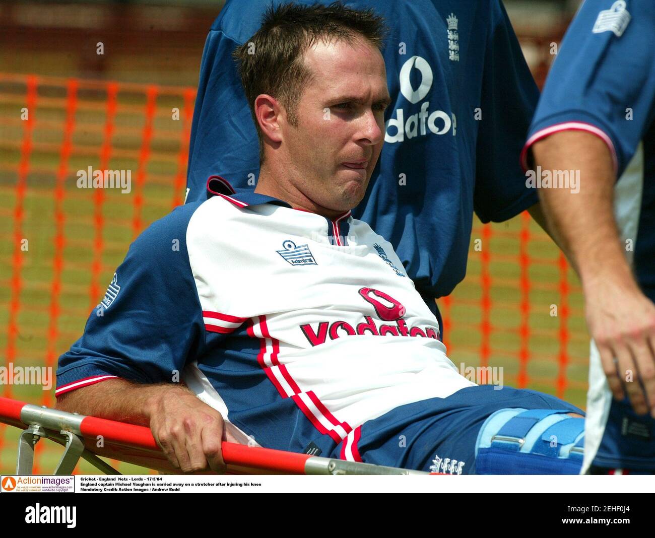 Cricket - England  Nets - Lord's  - 17/5/04  England captain Michael Vaughan is carried away on a stretcher after injuring his knee  Mandatory Credit: Action Images / Andrew Budd Stock Photo