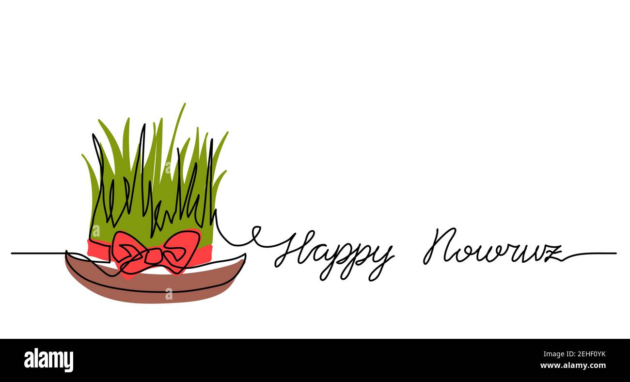 Happy Nowruz simple background, poster, banner with green wheat grass and red ribbon. One continuous line drawing, single lineart. Persian New Year Stock Vector