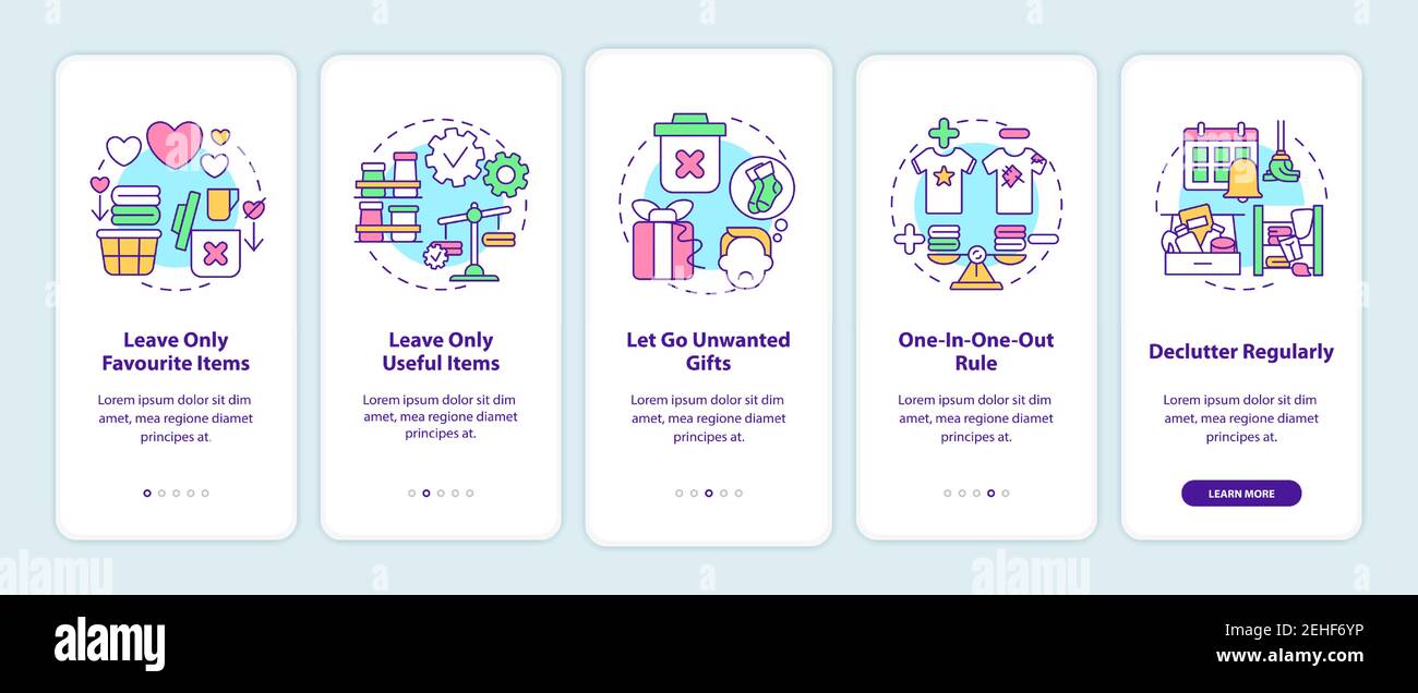 Decluttering tips oonboarding mobile app page screen with concepts Stock Vector