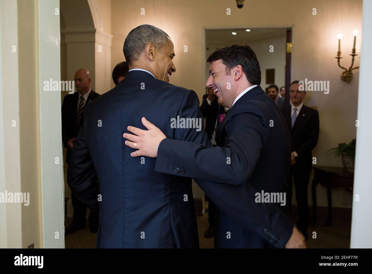 President Barack Obama greets Prime Minister Matteo Renzi of Italy